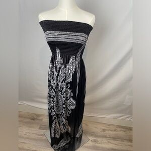 VENUS Strapless Smocked Long Maxi Beach Coverup Medallion Casual Dress Black M